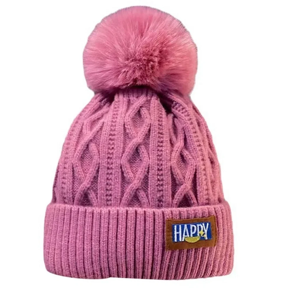Pink Knit Beanie with Pom Pom and HAPPY Patch – Cozy Winter Hat for Women mt39